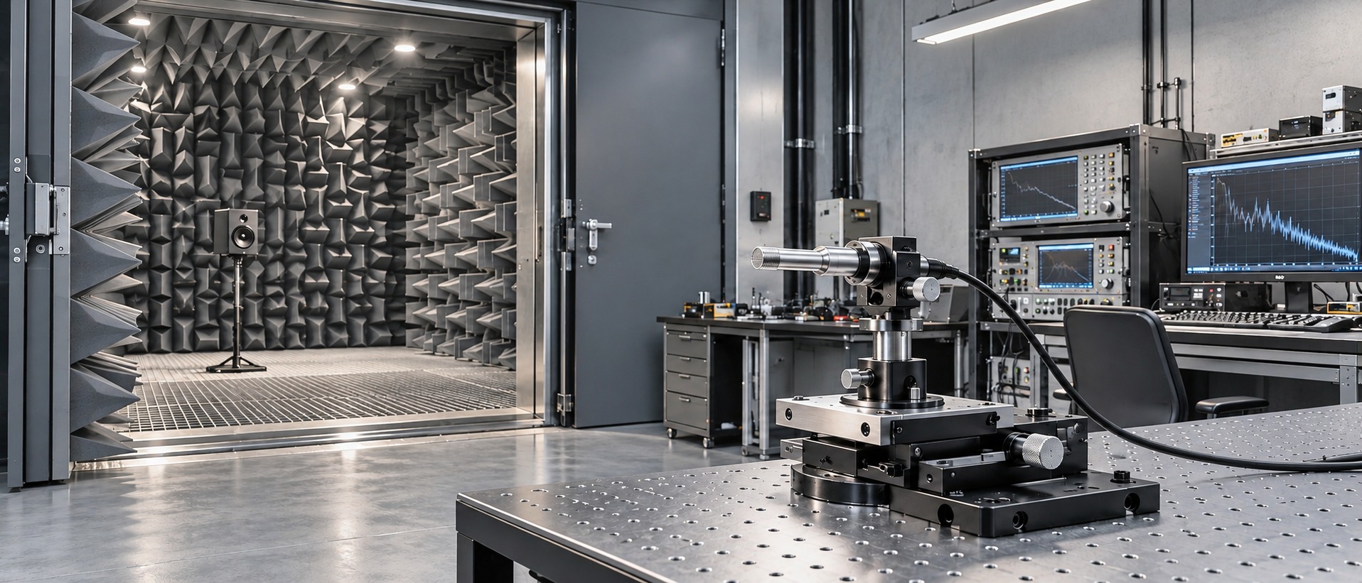 Light neutral-grey acoustic laboratory concept with a precision measurement workbench; not a photograph of Qidoo facilities