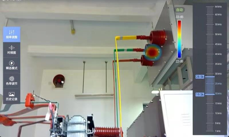 Acoustic overlay highlighting a discharge source at an electrical bushing