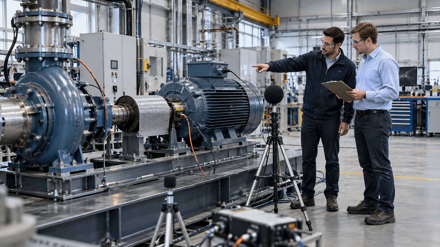Concept illustration of application engineers reviewing an acoustic measurement task in a motor test bay