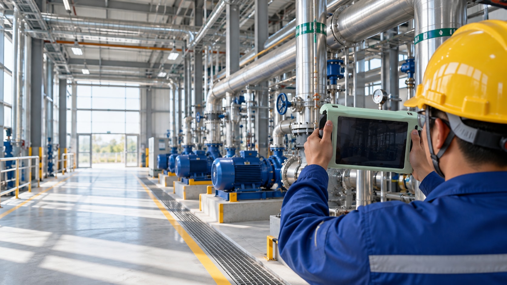 Concept illustration of an engineer conducting acoustic inspection in a spacious industrial utilities hall
