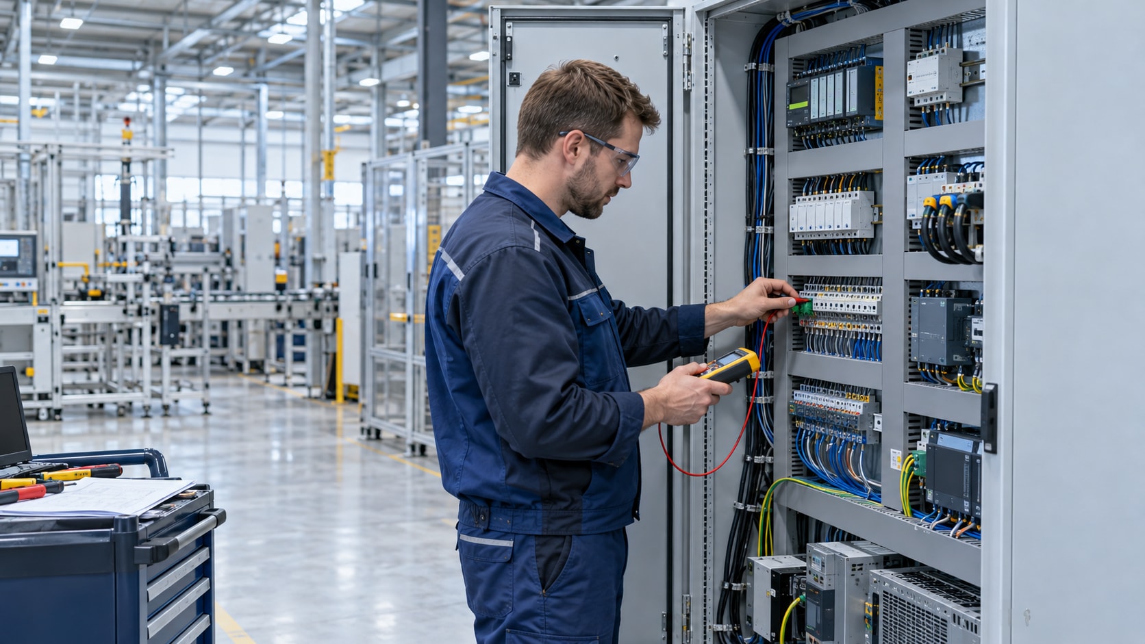 Concept illustration of a commissioning engineer checking acquisition wiring in an industrial control cabinet
