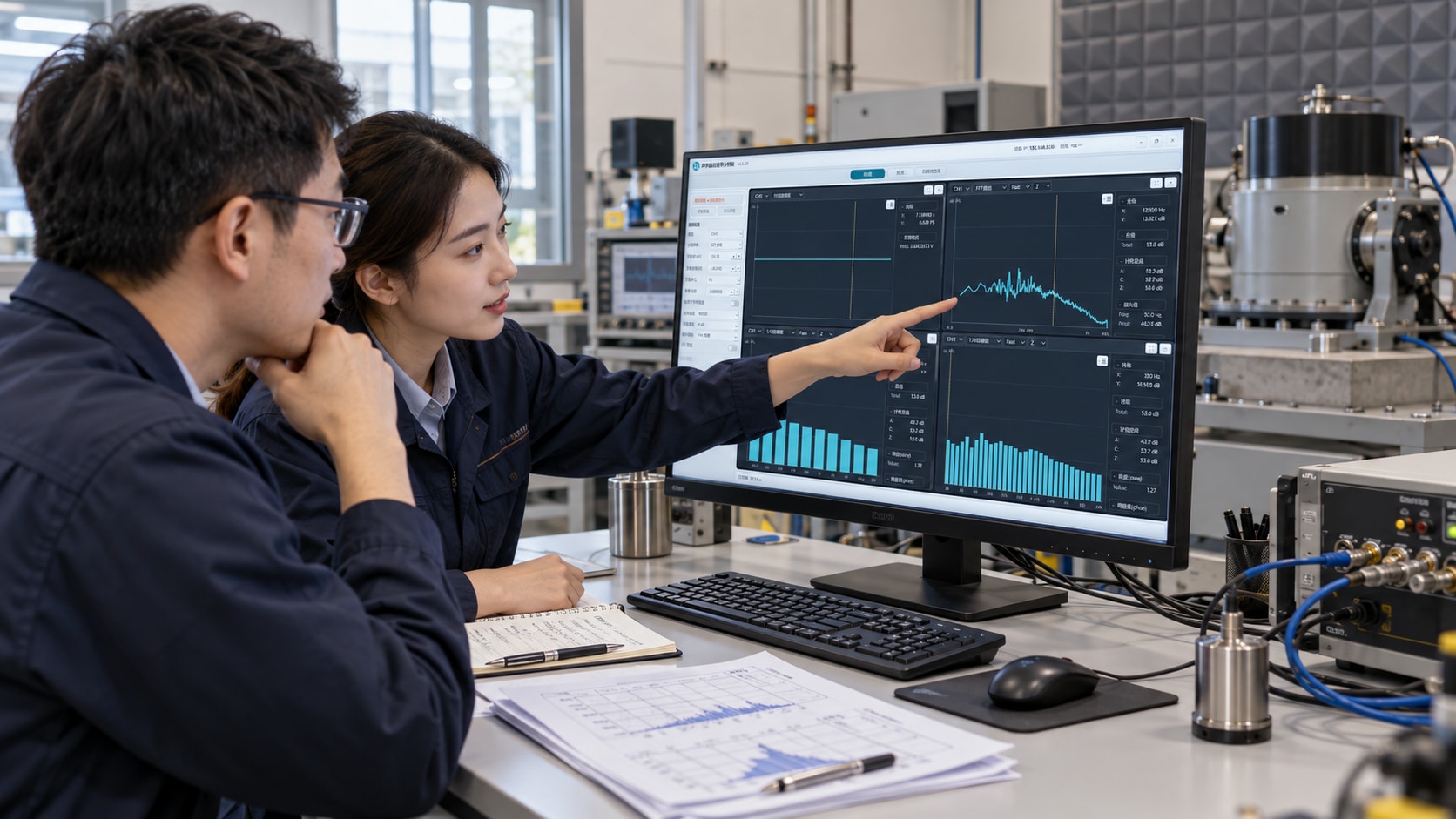 Concept illustration of engineers reviewing waveform and spectrum displays at a technical workstation