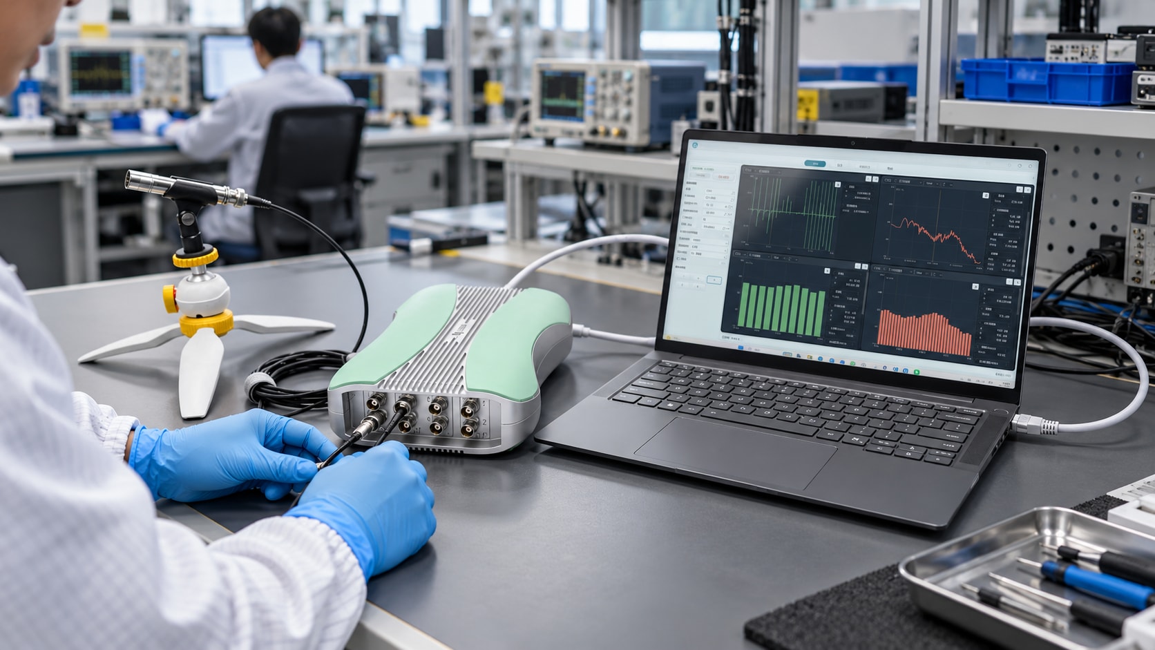 Concept illustration of an acoustic analyzer, microphone and host computer connected on a working laboratory bench